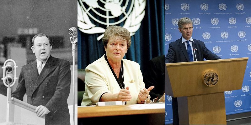 Bildet viser tre nordmenn som har hatt toppjobber i FN: Trygve Lie (til venstre), Gro Harlem Brundtland og Erik Solheim. Foto: UN Photo.